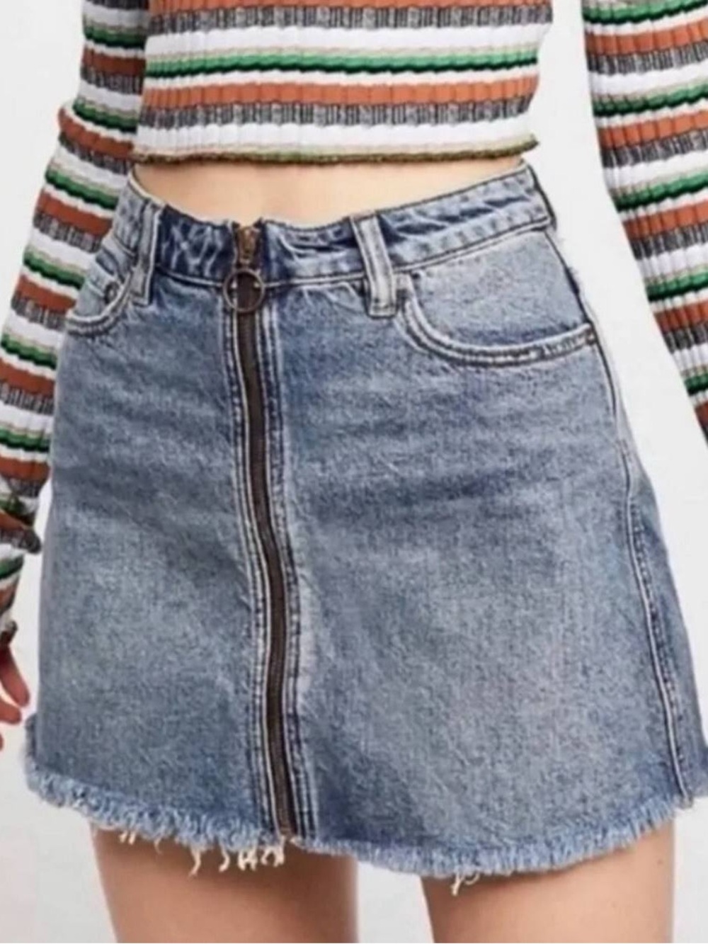 Free People Light Blue Zip-Front Denim Mini Skirt